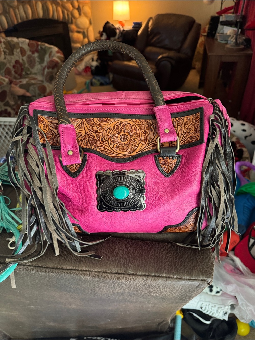 Turquoise Concho Pink Fringe Leather Tote NWOT